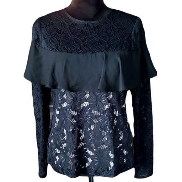 NWT Ivanka Trump Black Lace Ruffle Trim Blouse - Picture 2 of 7